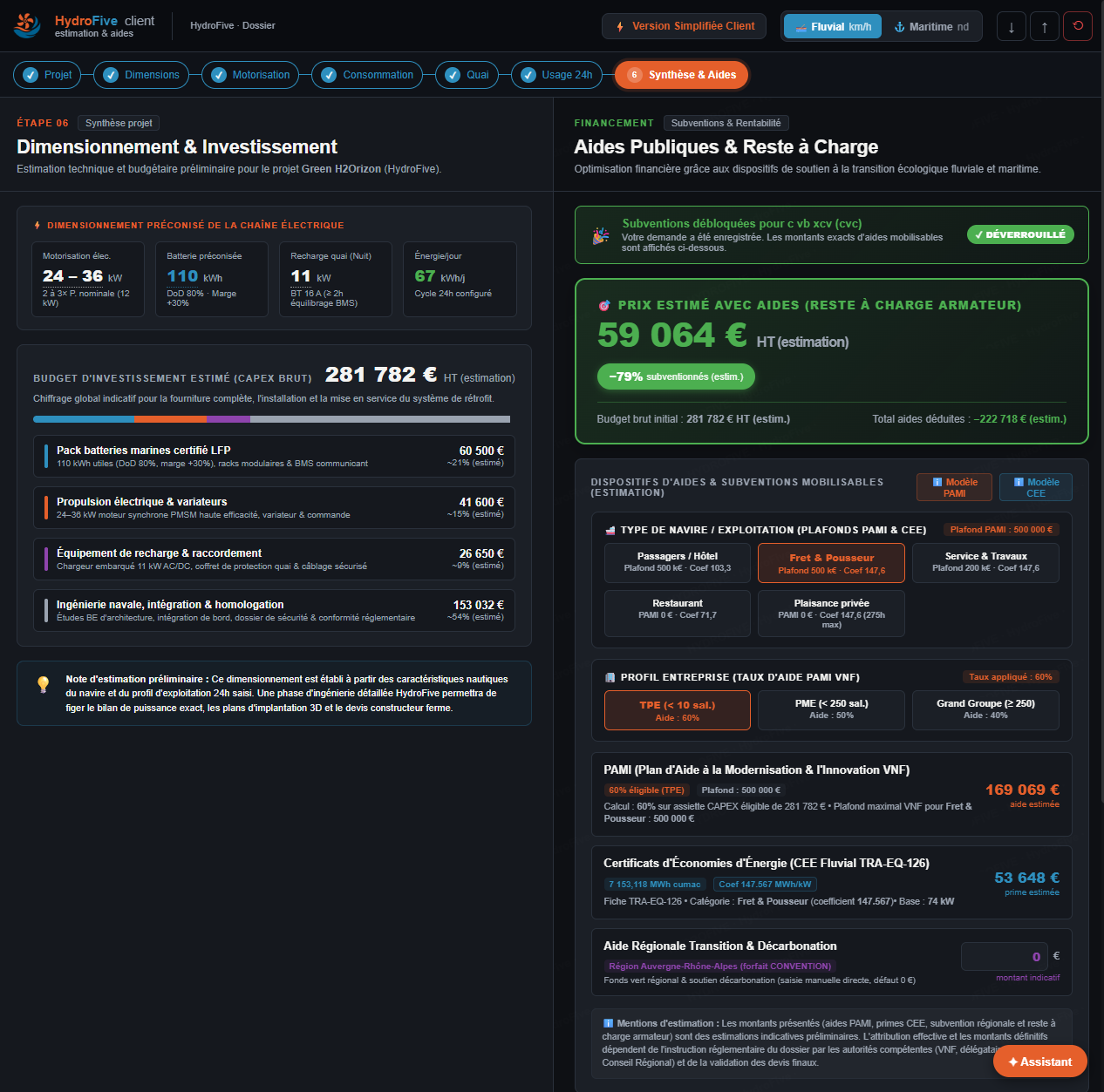 Le configurateur de rétrofit naval gratuit en ligne by HydroFive : synthèse du dimensionnement, estimation de l’investissement et aides publiques possibles